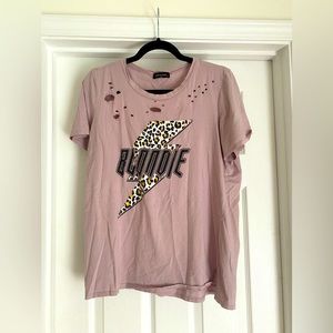 Women's Blondie distressed band tee. Size Large. Mauve with leopard print detail